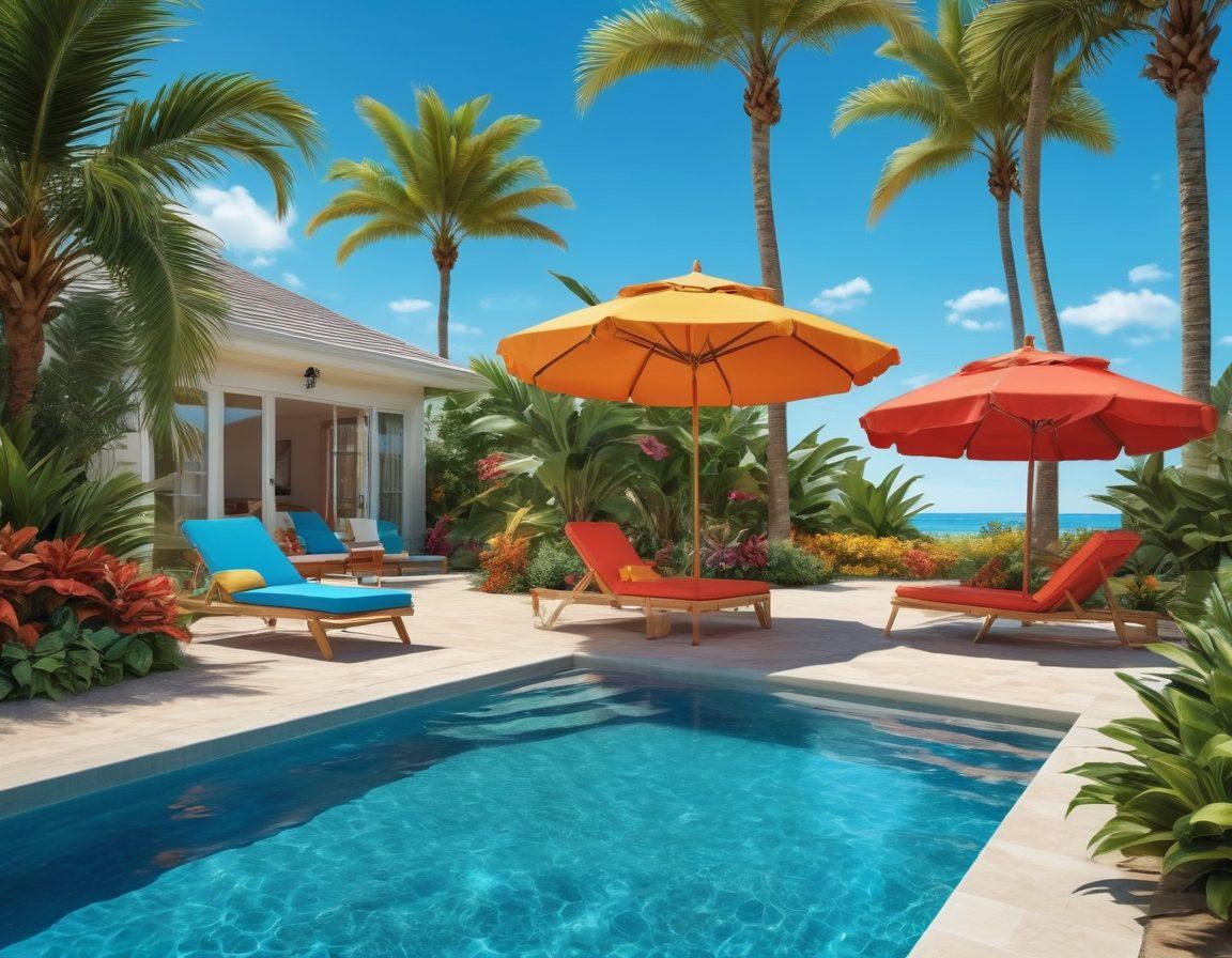 A vibrant scene showcasing a sunny beach transitioning into a refreshing poolside environment, featuring models in stylish 2023 swimwear. Incorporate elements like colorful beach umbrellas, tropical plants, and splashing water to emphasize fun and relaxation. The image should exude a summer vibe with bright colors and a clear blue sky. super-realistic. vibrant colors. tropical theme.
